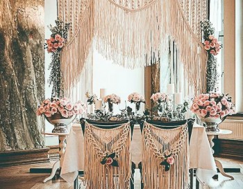 Beautiful Luxurious Handmade Macrame Wedding Backdrop, Wall Hanging, Cotton Cord Curtain W 75" xH 85" with Chair Cover WOM#54