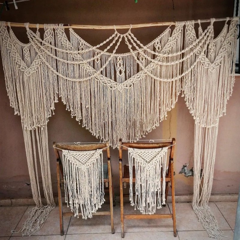 Beautiful Luxurious Handmade Macrame Wedding Backdrop, Wall Hanging, Cotton Cord Curtain W 75" xH 85" with Chair Cove WOM#78