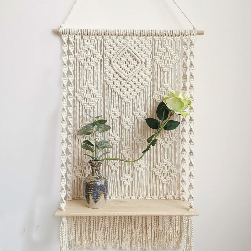 Ornament Gift Handmade Macrame Wall Hanging-Macrame Wooden Shelf-Boho Indoor Rope Plant Hanger Holder Rope Plant Hanger WOM #27