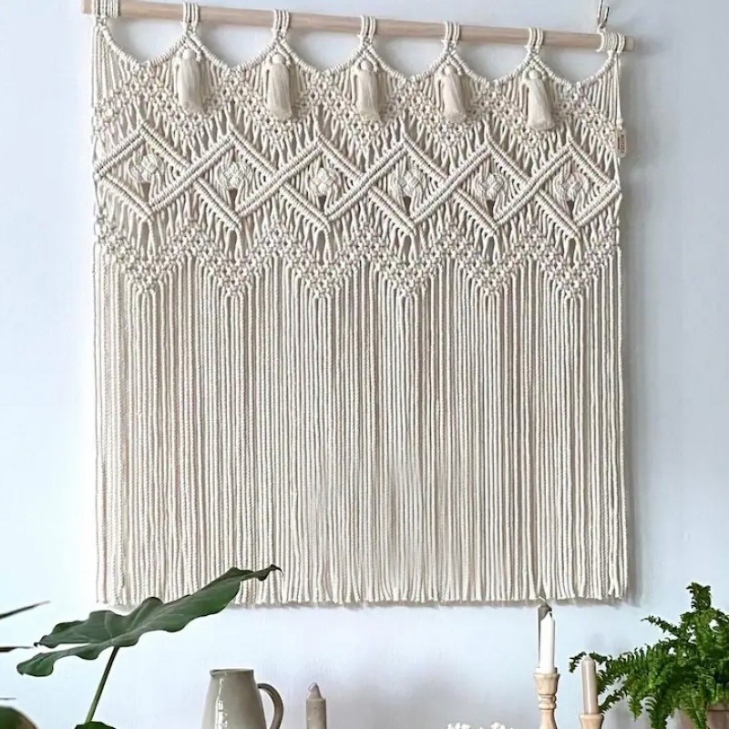 Tassel Handmade Macrame Curtain, wall hanging Modern geometric woven tapestry Long crochet mural curtain Home decoration MC#12
