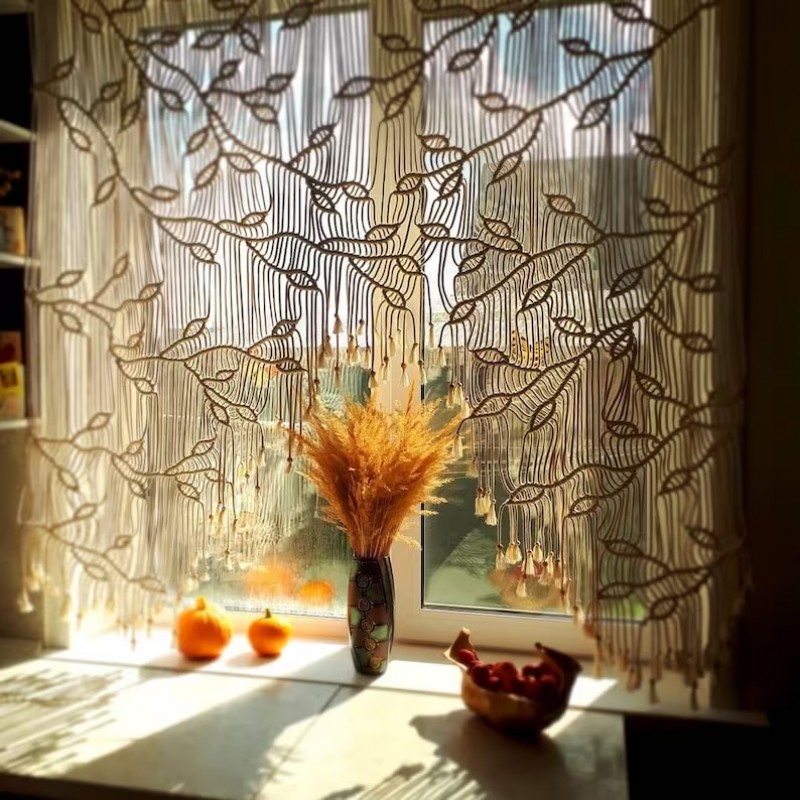 Macramé Wall Curtain , Macrame Macrame window curtain, curtain with leaves, window valance, macrame leaves wall hanging,Boho Curtain MC#84